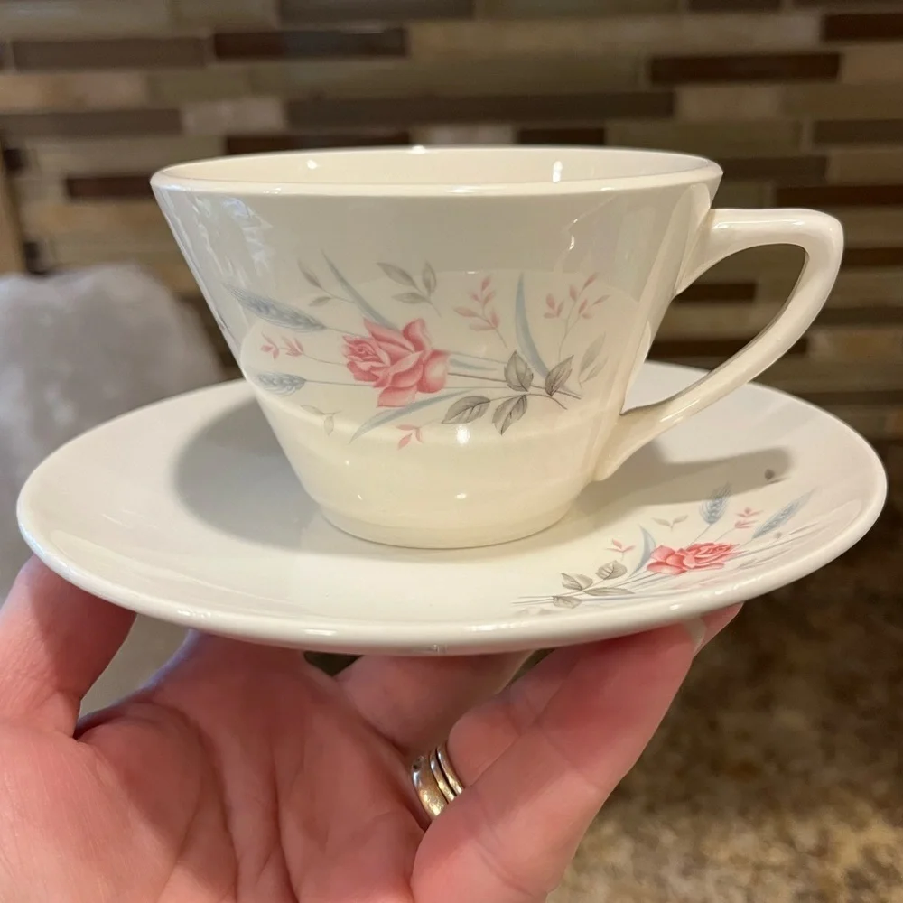Vintage California Pottery USA Tea Cup and Saucer Pink Rose Grey Wheat Pattern